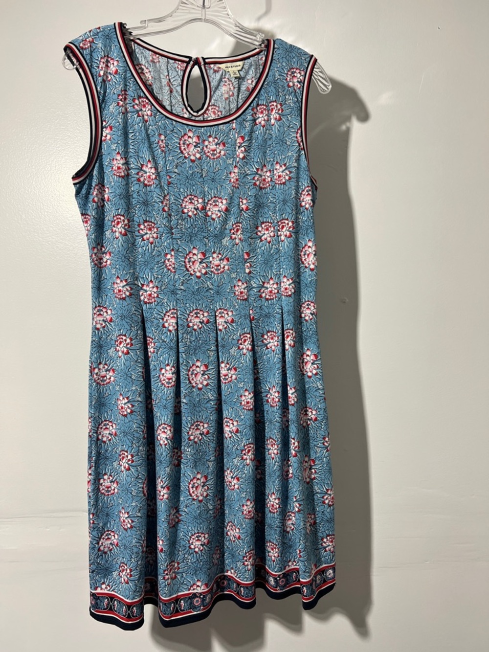 Max Studio Blue Floral Knit Dress with Pink & Navy Trim